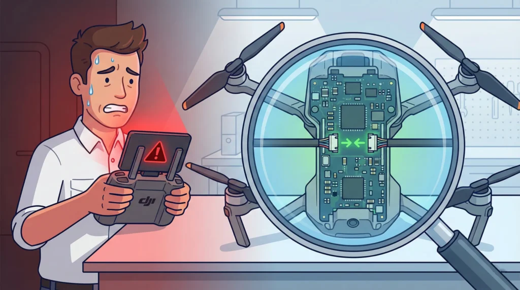 DJI Aracın Parçaları Kayıp Hatası Çözümü - Code: 1610004B 1 Code 1610004B hatası alan DJI kumandası ve dron anakartındaki kopuk veri bağlantısının görselleştirilmesi.