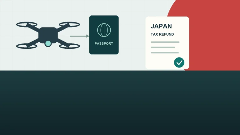 Illustration of a drone, passport and Japanese tax-refund receipt